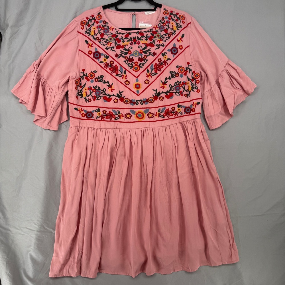 Kirundo Womens XL Pink Embroidered Boho Babydoll Mini Dress Ruffle Bell Sleeve